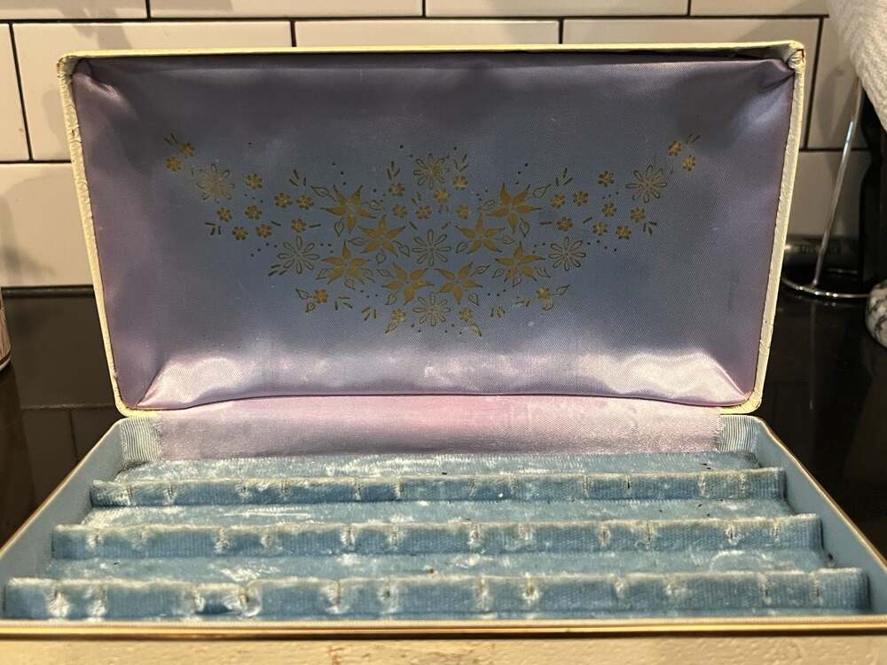 Vintage Farrington White Faux Leather Jewelry Box with Green Floral Design and B